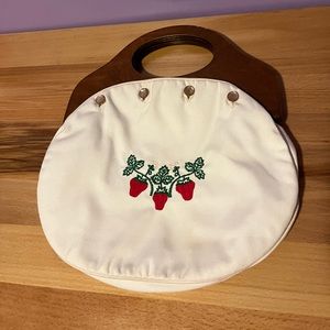 Vintage Wooden Handled Strawberry Embroidered Purse - 1970’s